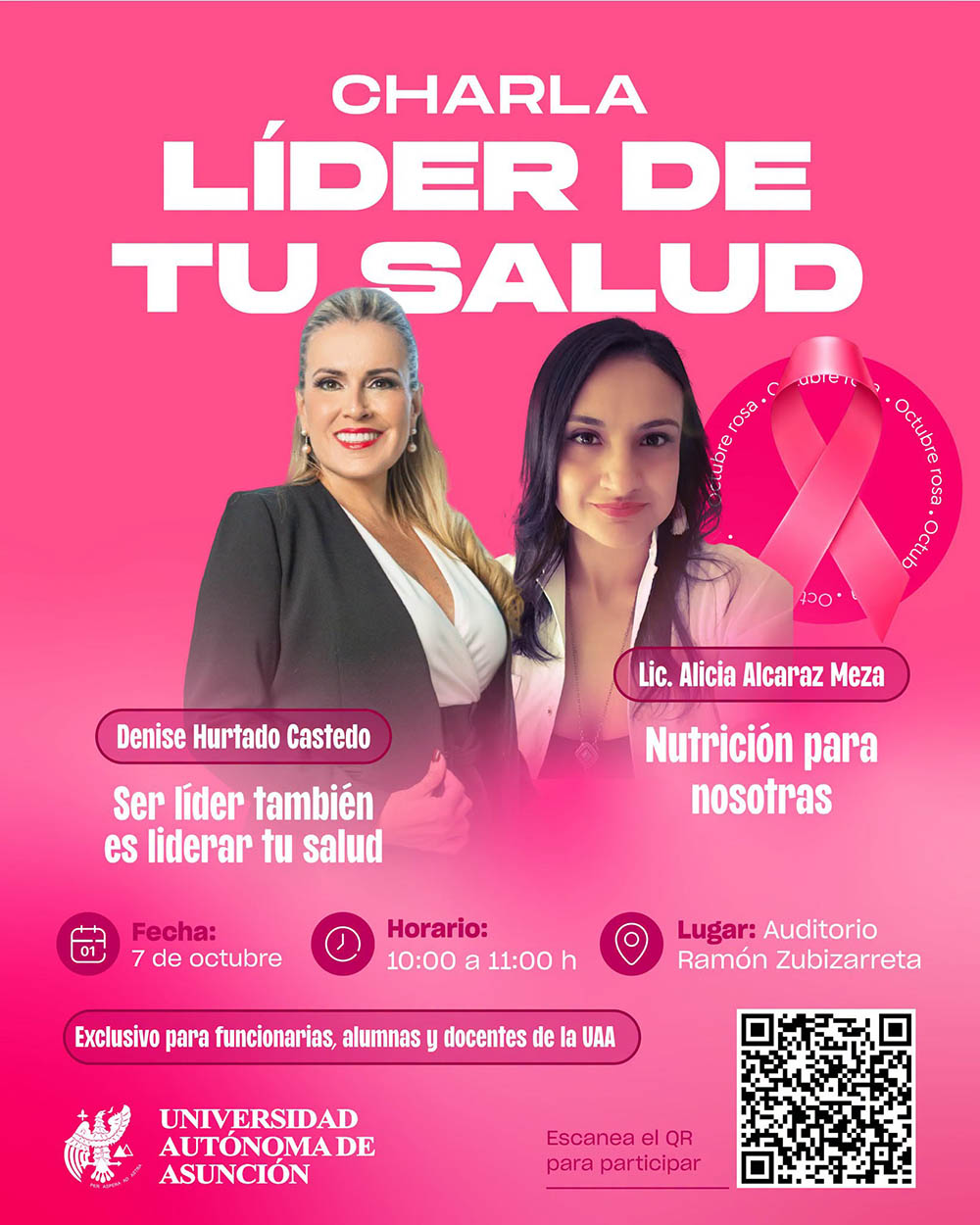 Charla L&iacute;der de tu salud, Octubre Rosa en la UAA: 7 de octubre de 10:00 a 11:00 h en el Auditorio Ram&oacute;n Zubizarreta