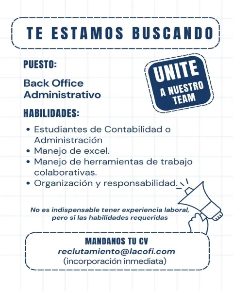Empresa busca Back Office Administrativo | Oportunidad laboral para estudiantes de Contabilidad y Administración