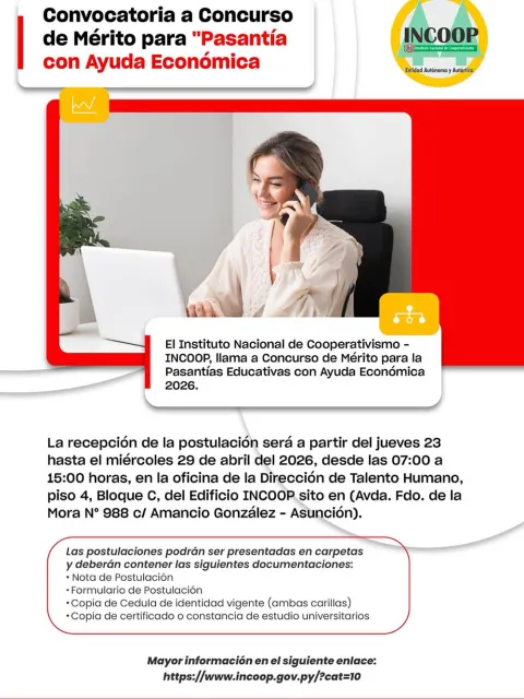 El INCOOP invita a participar en el Concurso de Mérito para Pasantías Educativas con ayuda económica