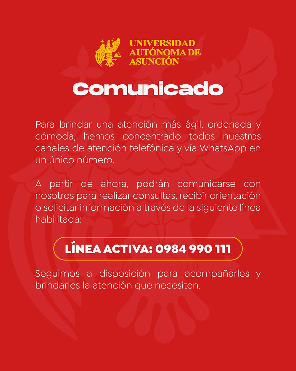 Comunicado de la UAA: línea activa 0984 990 111