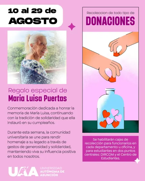 Recolección de donaciones de todo tipo para rendir homenaje a María Luisa Puertas.